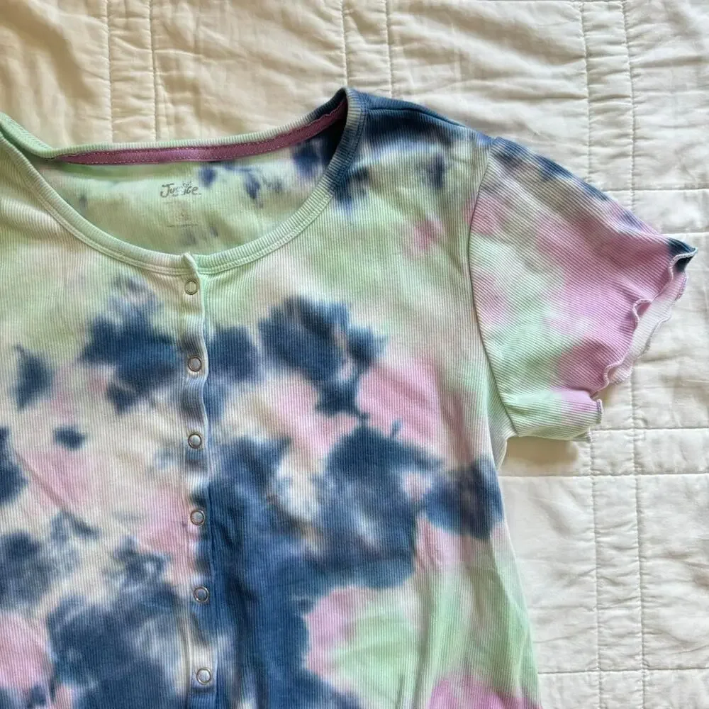Justice Tie‎ dye hippie shirt girls XXL 16 18 ruffle hem boho casual button up